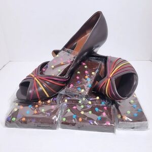 MICHELLE D Brown Leather Peeptoe Heels with bright color strips